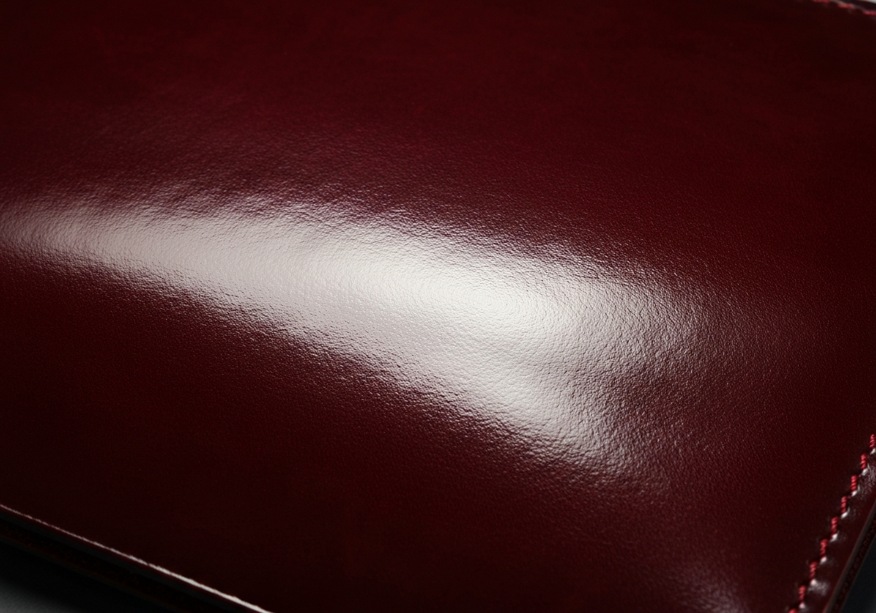 Macro cuir cordovan oxblood polissé