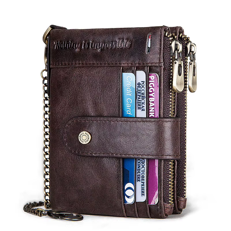 Portefeuille décontracté en cuir véritable pour homme, porte-cartes RFID, fermeture éclair en cuir d