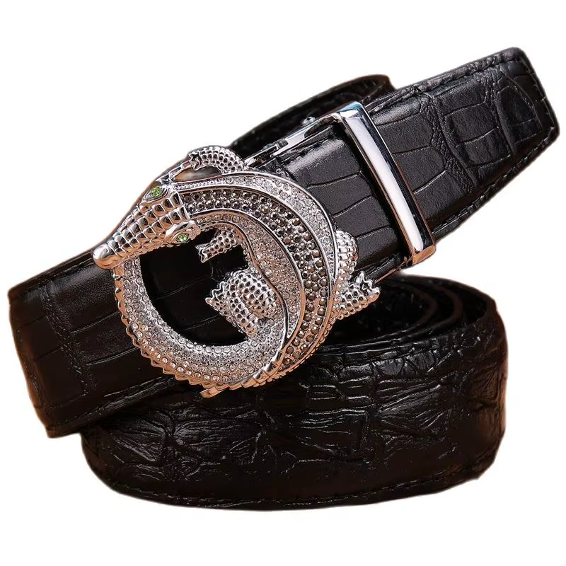 Ceinture en cuir véritable crocodile pour homme, sangle de luxe, boucle automatique, cuir de cercle,