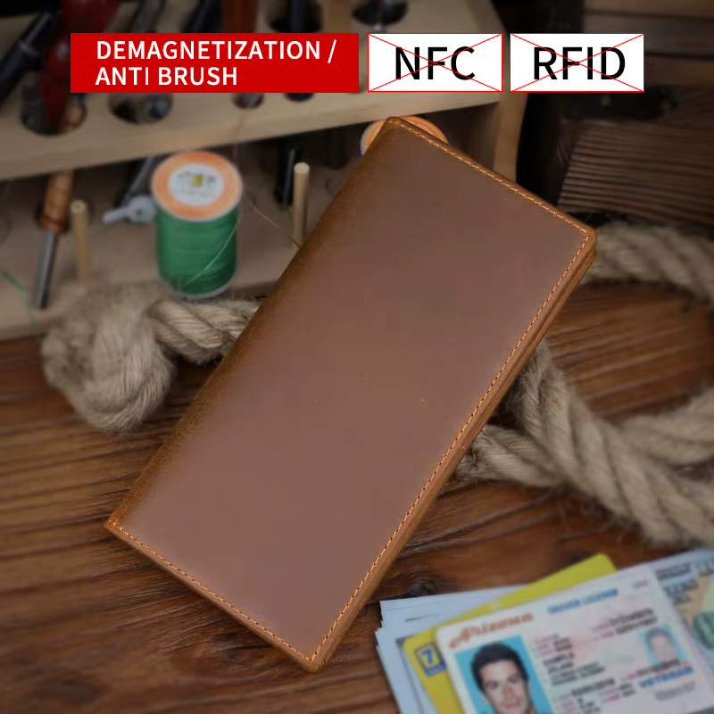 Portefeuille en cuir véritable pour hommes, porte-cartes solide, long, vintage, portable, chéquier, 