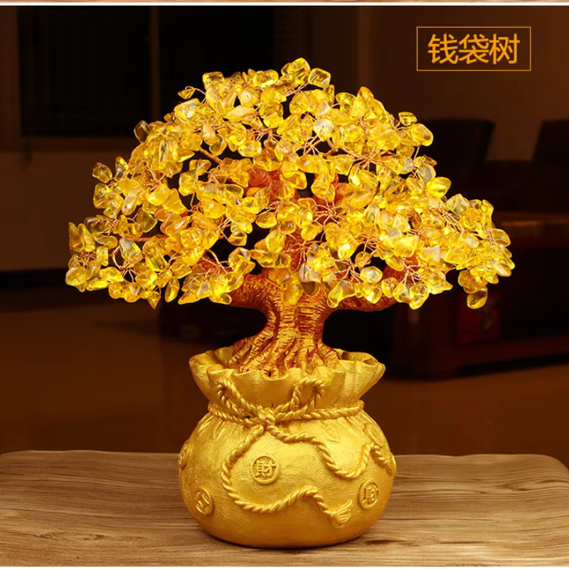 Arbre porte-bonheur Feng Shui 19/24cm, cristal jaune, argent naturel, ornements