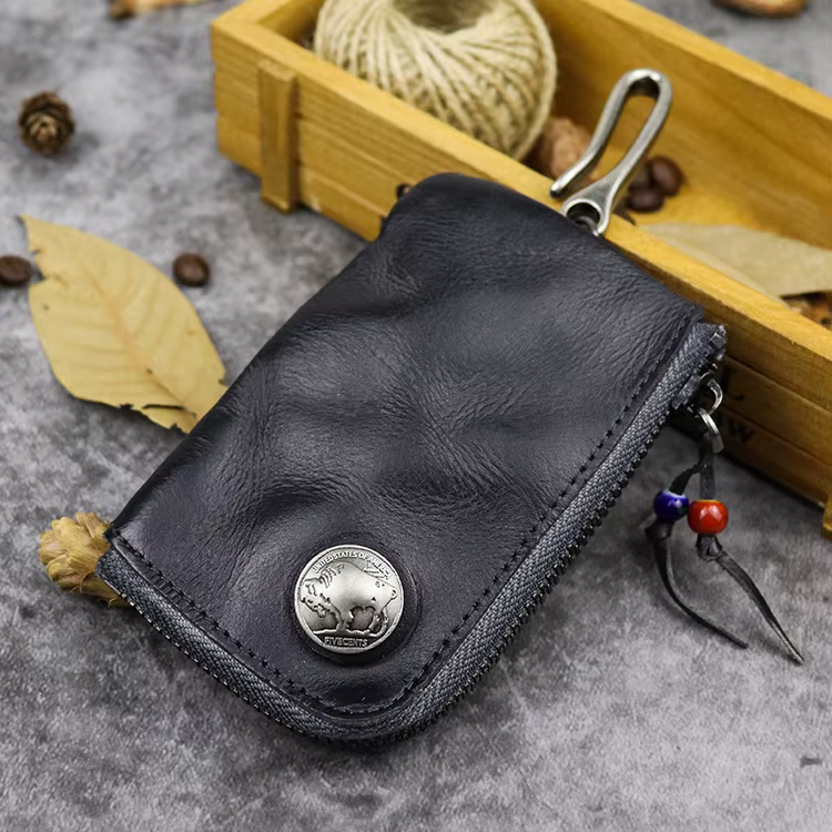 Porte-clés en cuir Original pour hommes, court, Vintage, fait à la main, fermeture éclair, porte-clé