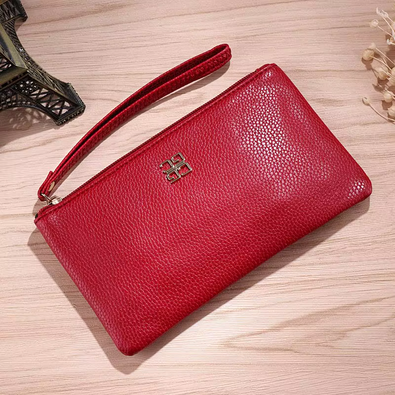 Femmes Long portefeuille décontracté Litchi Grain PU cuir dame fermeture éclair téléphone poche port