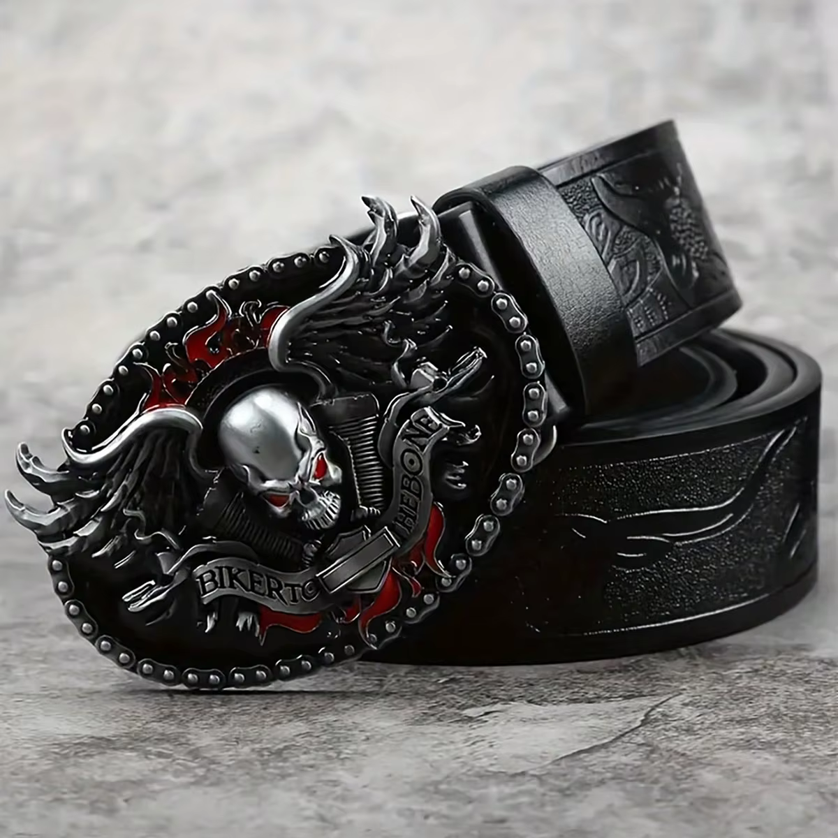 HERSHINE Ceinture en cuir gaufré vintage pour homme (1 pièce), boucle fantôme crâne, accessoire goth