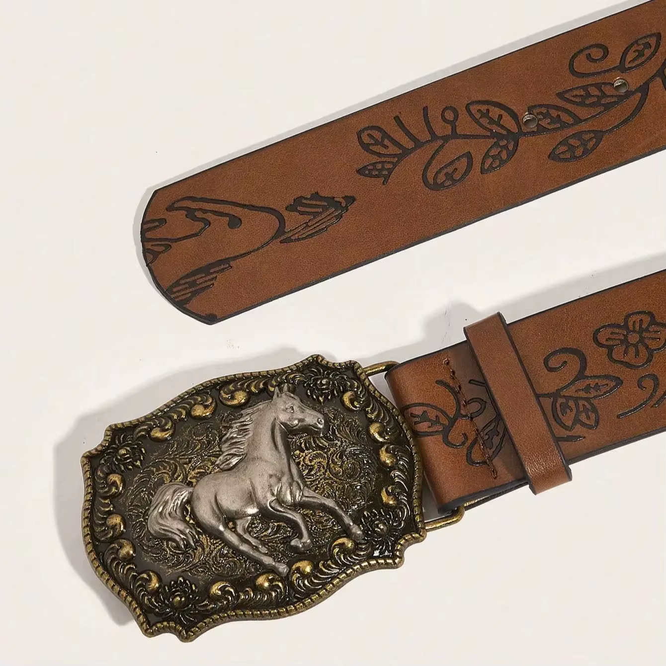 Ceinture en PU à motif de pivoine, boucle tête de cheval neutre, à la mode