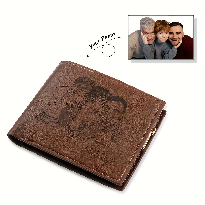 Portefeuille photo personnalisé pour homme, ultra-fin, à double rabat, avec photo et texte gravés, c