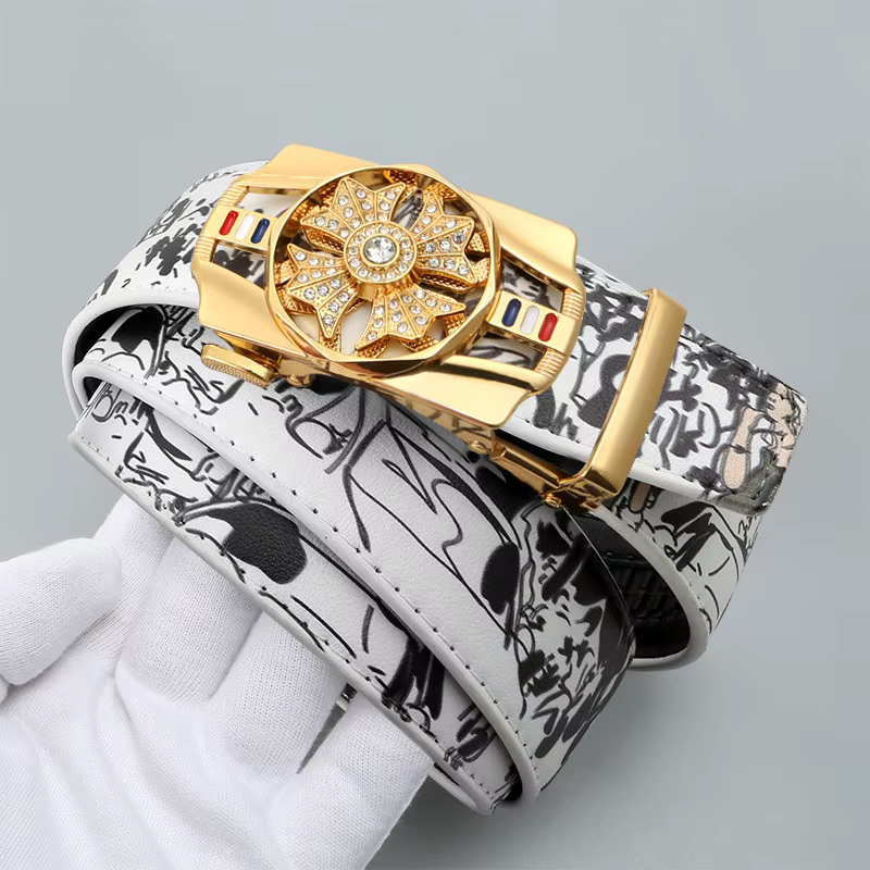 Ceinture automatique à la mode pour hommes avec boucle rotative, ceinture à imprimé graffiti, ceintu
