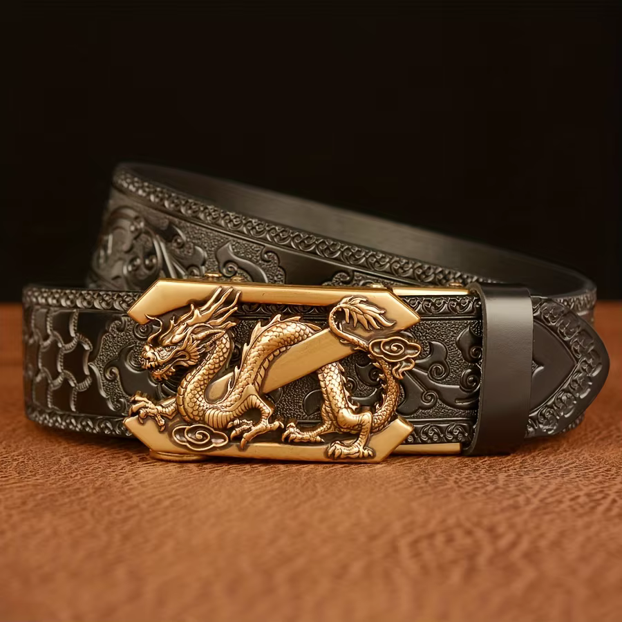 Ceinture à boucle automatique Vintage pour hommes en cuir véritable avec Dragon doré et motif en rel