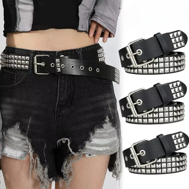Nouvelle ceinture à rivets carrés 2026, ceinture en métal à pyramides, ceinture punk pour hommes et