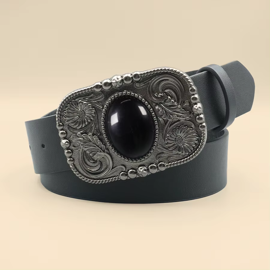 Ceinture rétro noire incrustée de Turquoise pour femmes, Style Denim occidental, ceinture pour femme