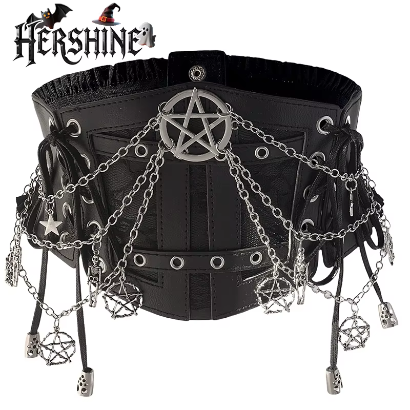 HERSHINE Ceinture large élastique avec chaîne étoile noire pour femme, accessoire gothique Punk Hara