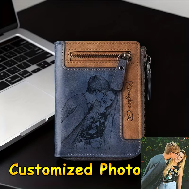 Portefeuille court rétro personnalisé avec photo pour hommes, porte-monnaie en cuir PU avec fermetur