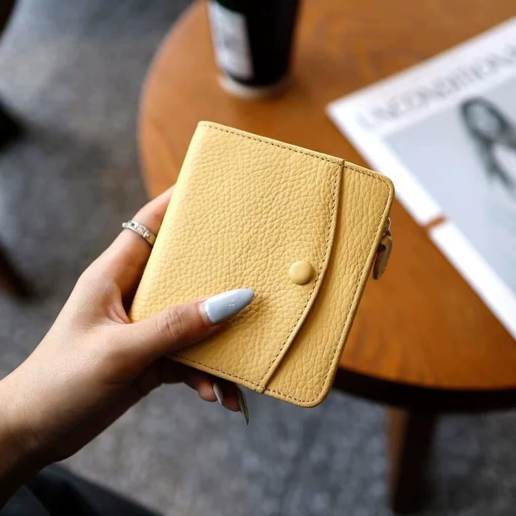 Porte-monnaie compact en cuir PU texturé litchi, porte-cartes extensible pour femme, portefeuille RF