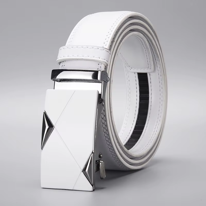 Ceinture en cuir PU blanc pour homme avec boucle automatique, boucle en métal géométrique tendance, 