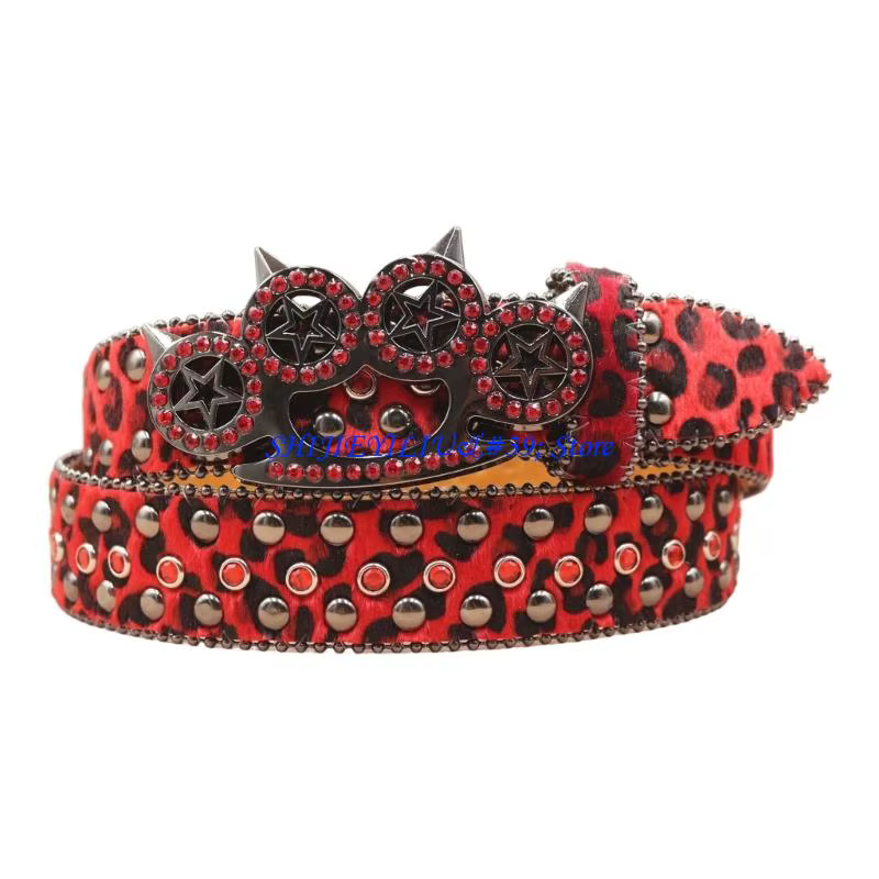 Ceinture unisexe à breloques occidentales E21F, Design léopard Rivets, taille, ceinture taille en PU