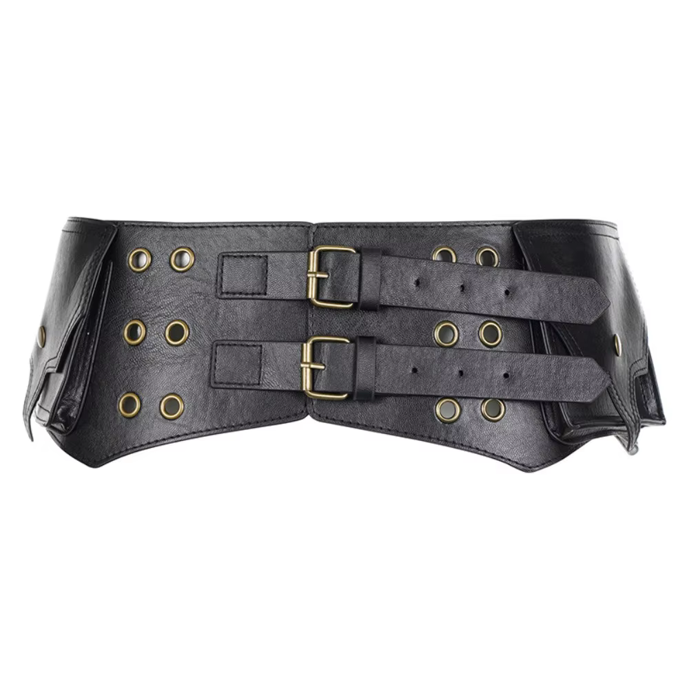 Ceinture large Y2K en cuir PU pour femme, style western chic avec œillets et poches