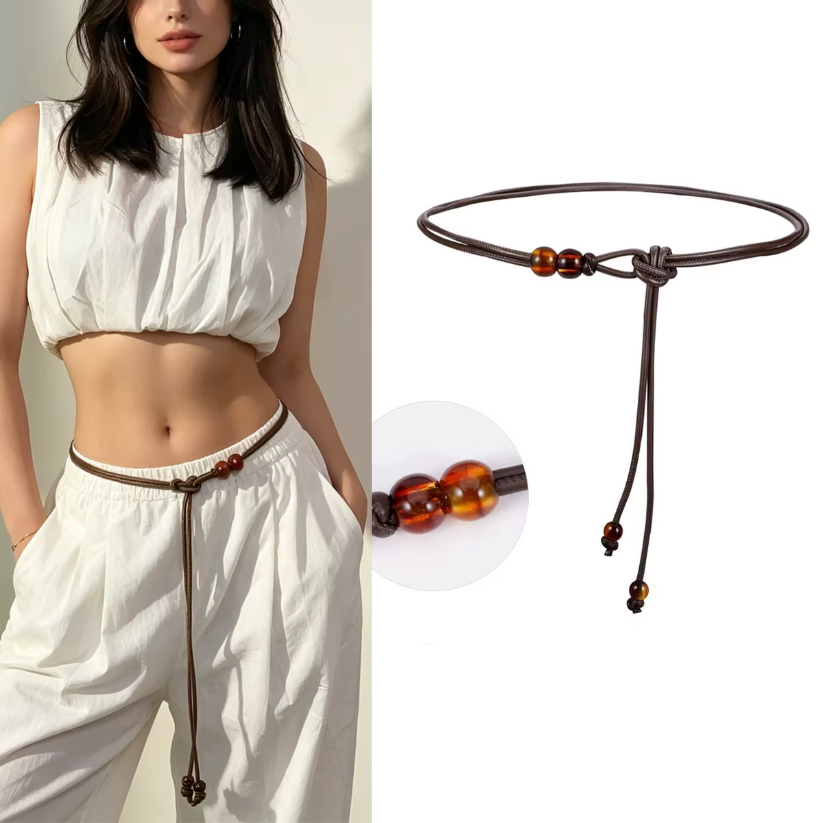 Ceinture ajustable marron pour femme avec perles, ceinture amincissante pour robes, chemises, vestes