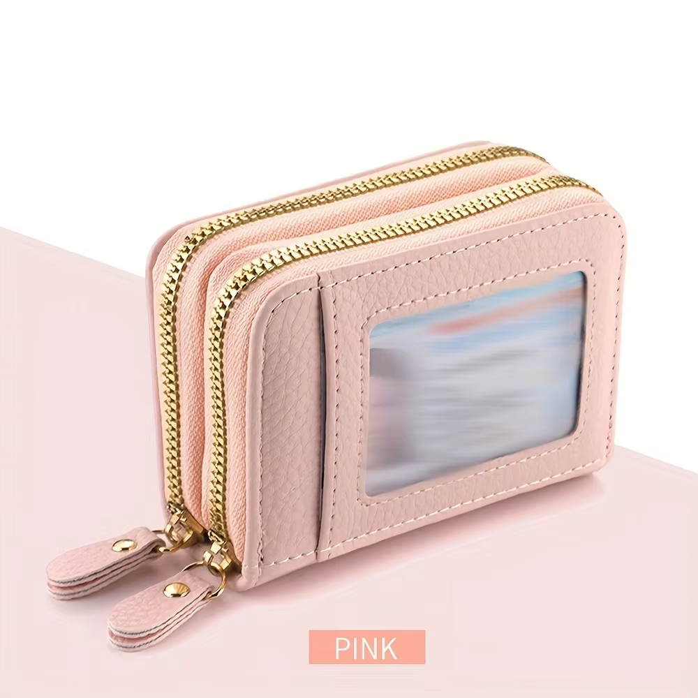 Porte-cartes de crédit en cuir pour femmes, double fermeture éclair, avec fenêtre d'identification e