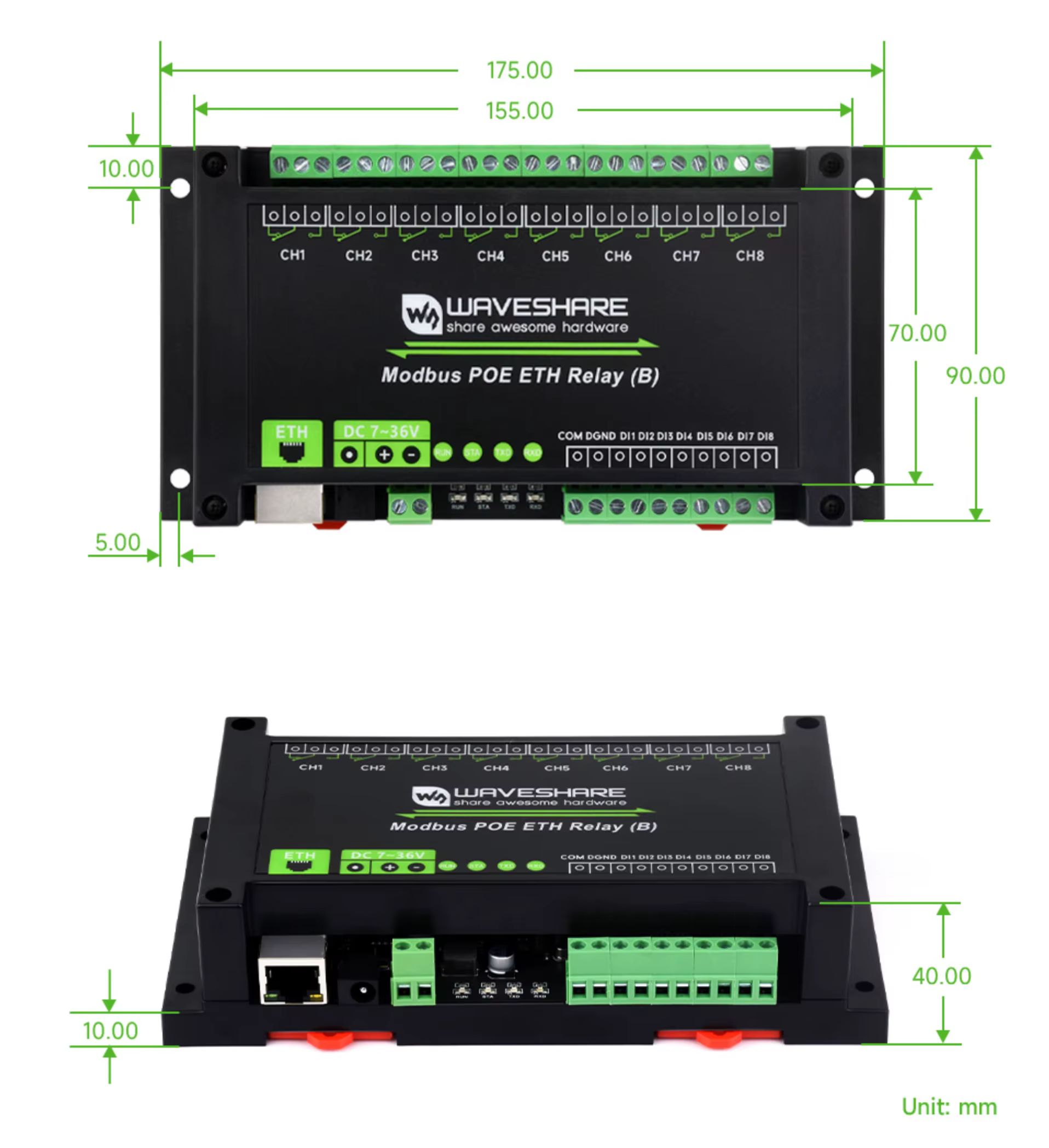 Waveshare PoE Port 7 V ~ 36 V Module de relais Ethernet POE 8 canaux avec entrée numérique, ProProto
