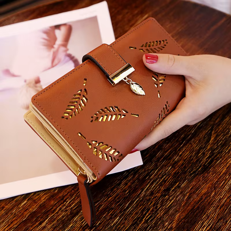Femmes portefeuille en cuir PU sac à main femme Long portefeuille or feuilles creuses pochette sac à