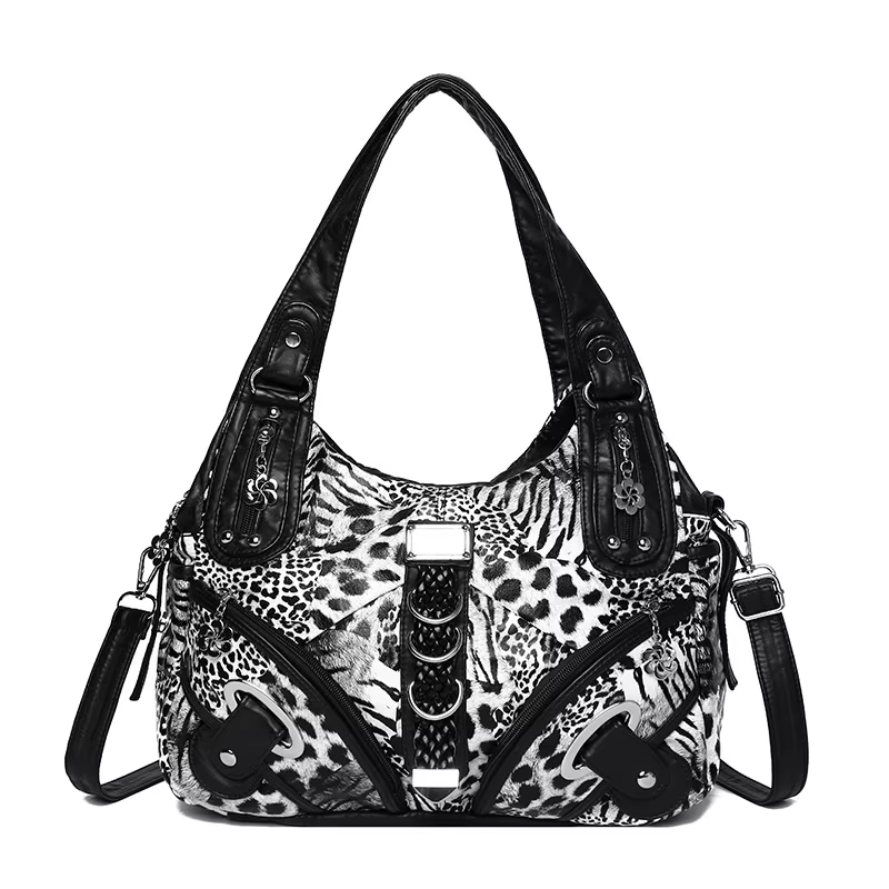 Sac à bandoulière en cuir lavé pour femme, sac à main décontracté et tendance avec rivets, imprimé l