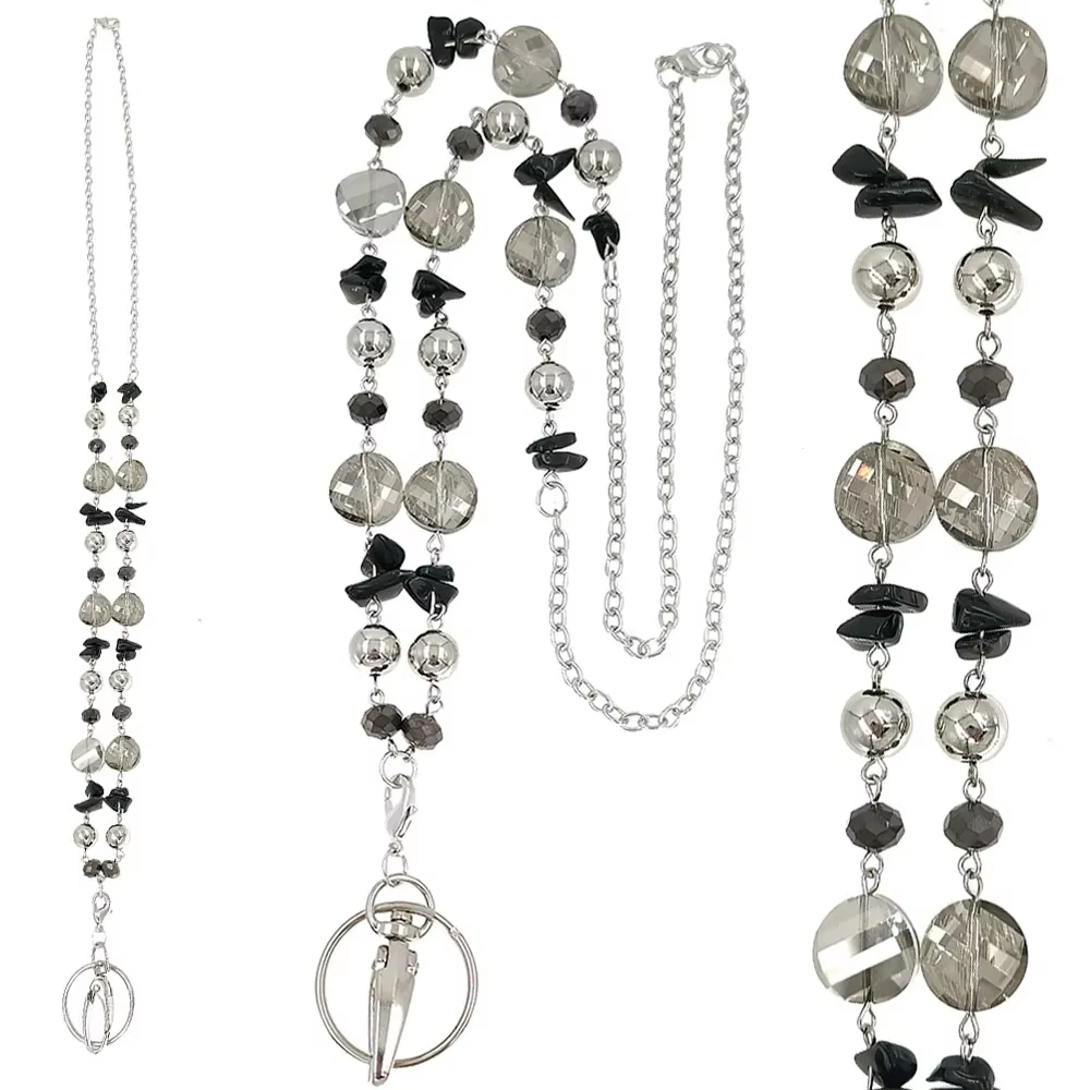 Lanières de Badge en perles de verre noires, porte-collier à la mode avec porte-carte d'identité, po