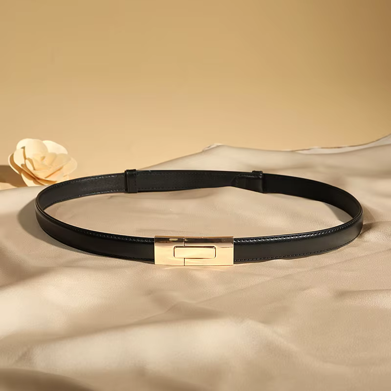Ceinture en cuir fine pour femme, couleur unie, boucle en métal vintage, réglable, pour robe, jean, 