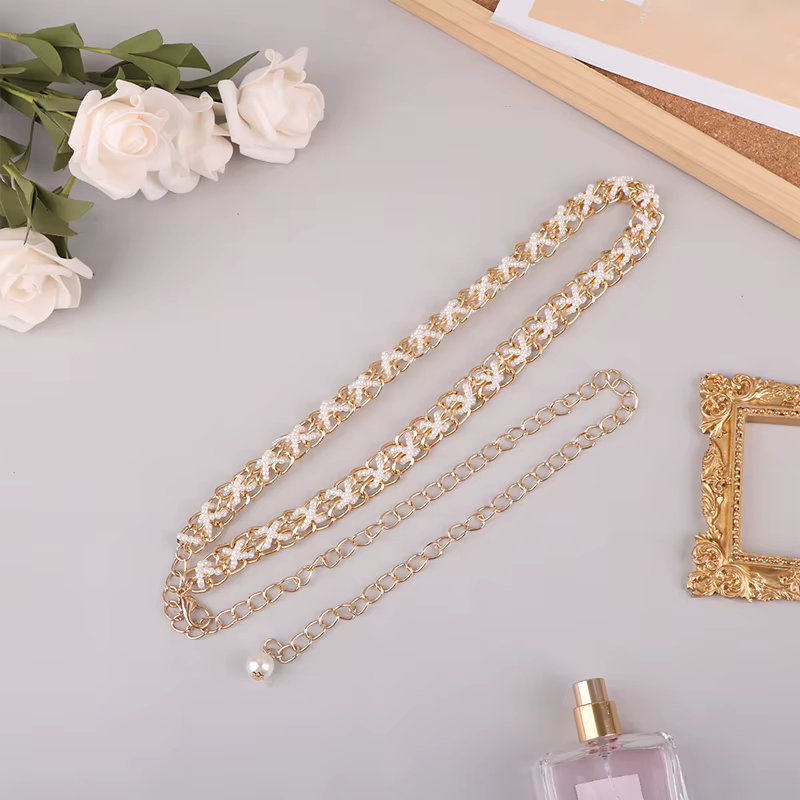 Ceinture élégante pour femmes, chaîne de taille en perles, boucle élastique, ceinture en perles, acc