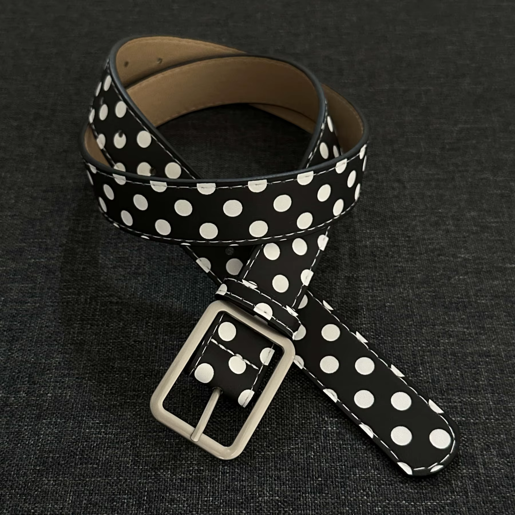 Ceinture noire à pois blancs, boucle en métal, cuir PU, accessoire vestimentaire tendance et personn