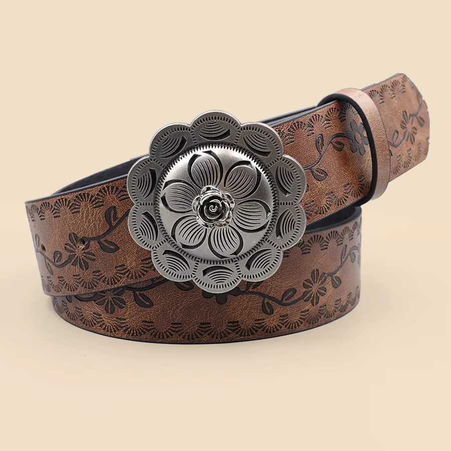 Ceinture élégante bohème vintage pour femme – Ceinture à boucle ajourée ornée de fleurs pour un usag