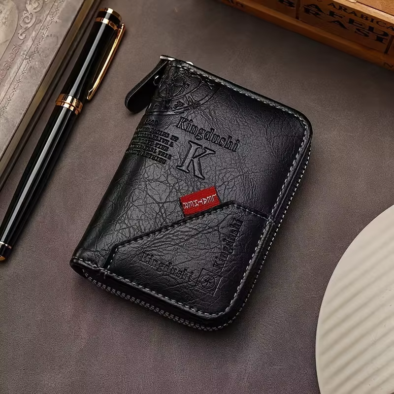 Porte-cartes fin vintage avec blocage RFID - Portefeuille en cuir PU avec fermeture éclair, 11 empla