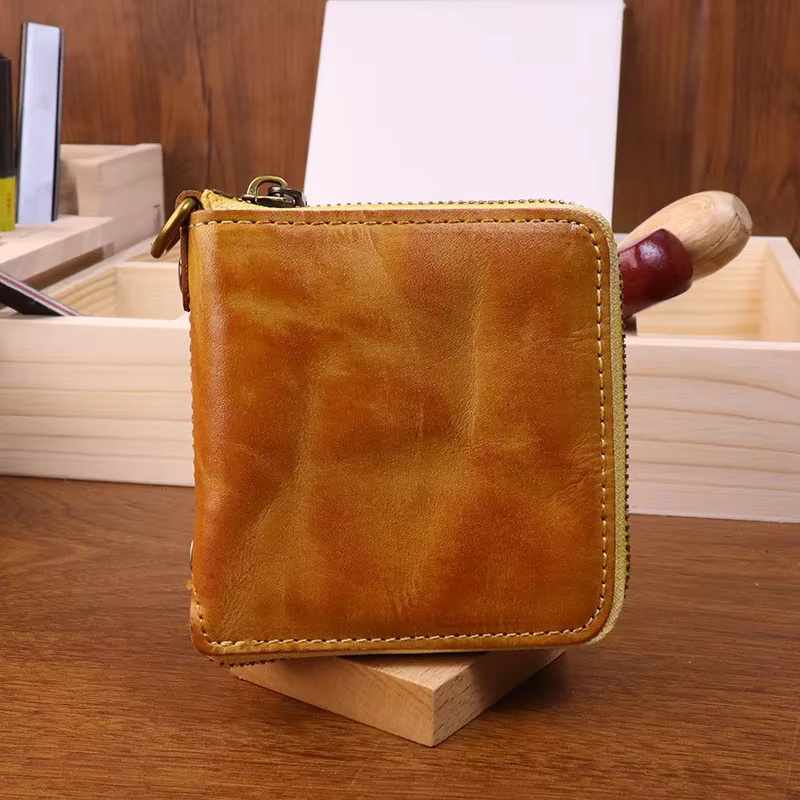 Portefeuille court vintage pour homme simple en cuir véritable doux avec fermeture éclair multi-fonc