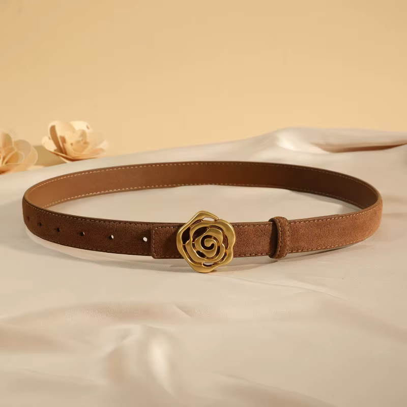 Ceinture en cuir suédé pour femme, style vintage, boucle fleur rose dorée, avec emballage cadeau, po