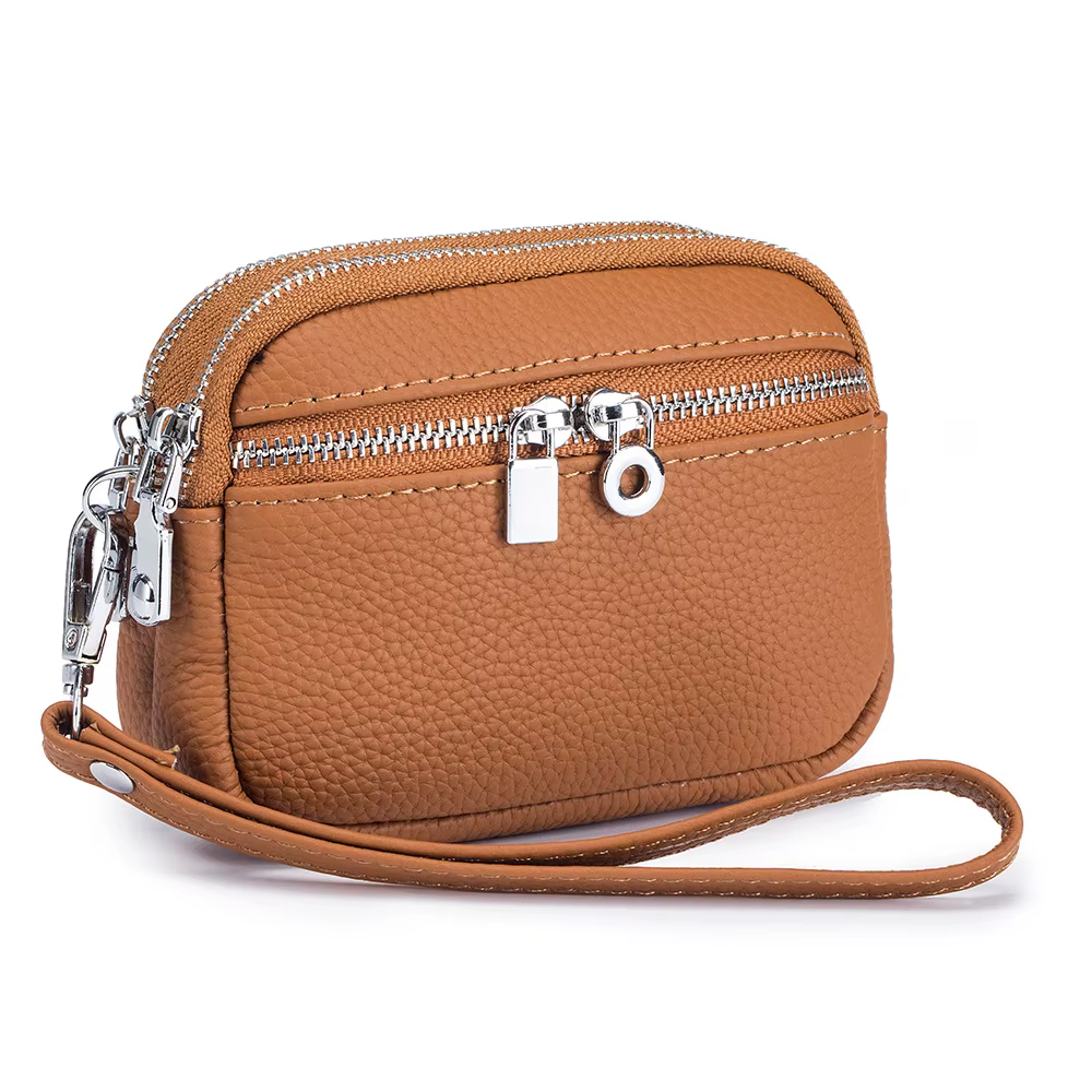 Portefeuille mini à double fermeture éclair pour femme, porte-monnaie simple texturé