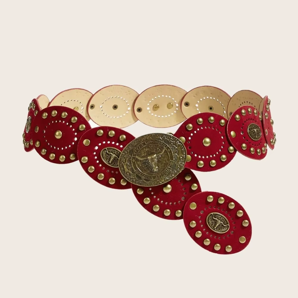 Ceinture large style bohème western avec boucle tête de bovin et rivets décoratifs, ceinture de cowb