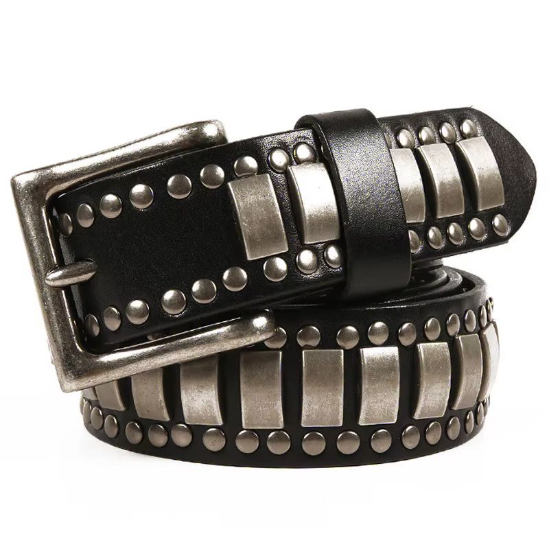 Ceintures Punk Rock à motif géométrique pour hommes, rivets cloutés, première couche de peau de vach