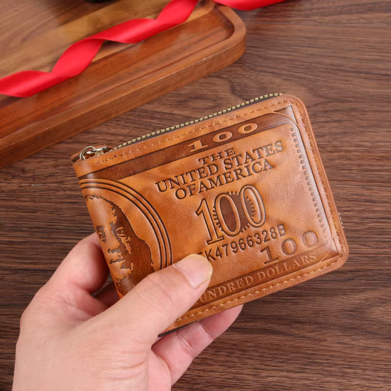 Portefeuille homme avec fermeture éclair 100 dollars américains motif porte-carte monnaie poche sac 