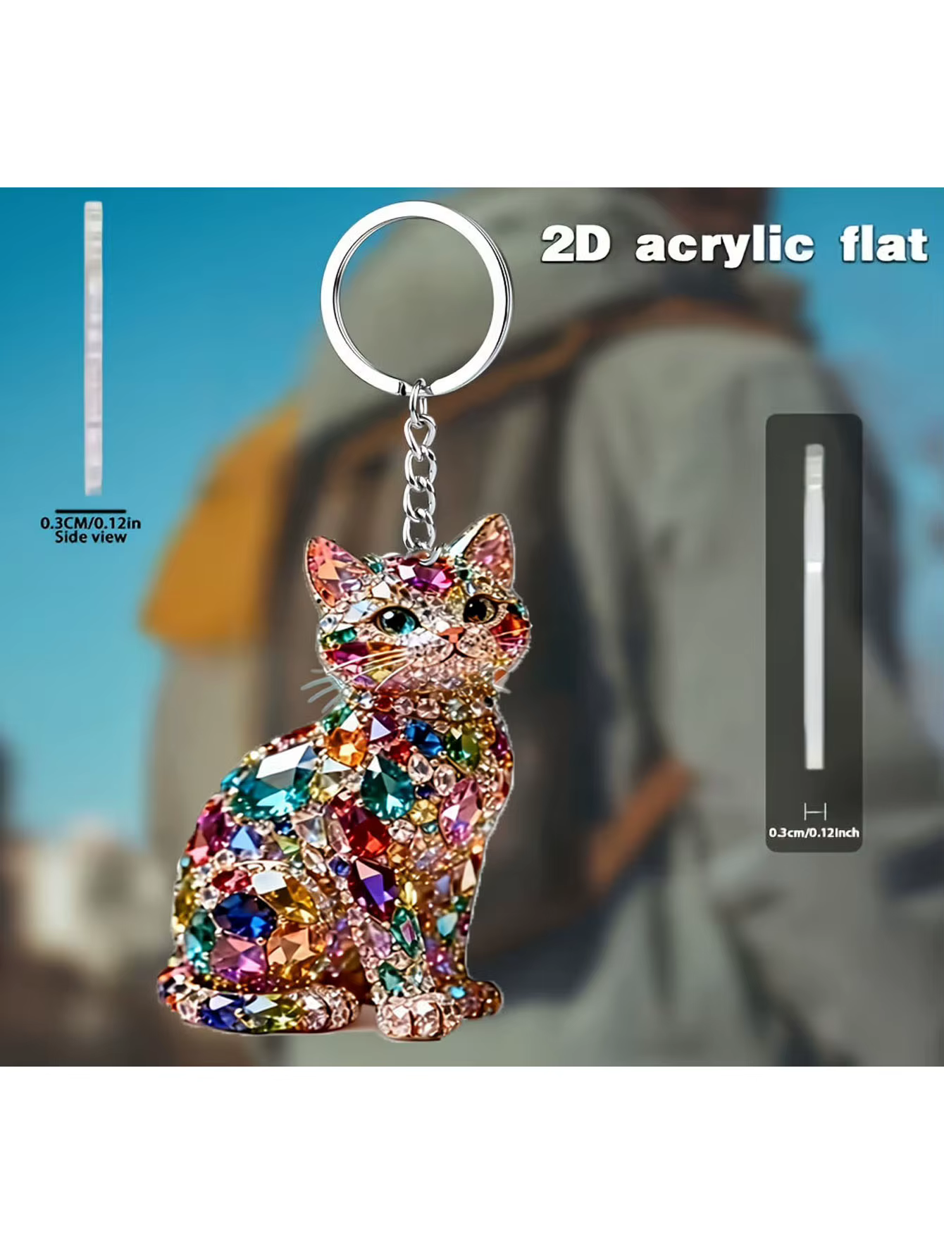 Porte-clés élégant en forme de chat 2D, parfait pour les clés, la décoration de sacs à dos, les cade