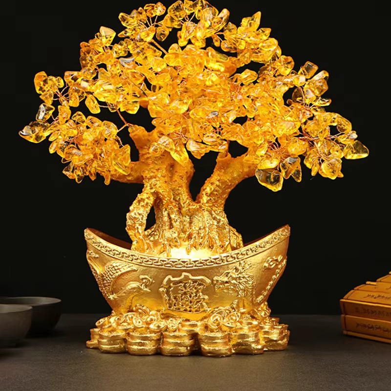 Arbre porte-bonheur chinois en cristal avec lingots d'or, ornement de richesse, décoration de table 