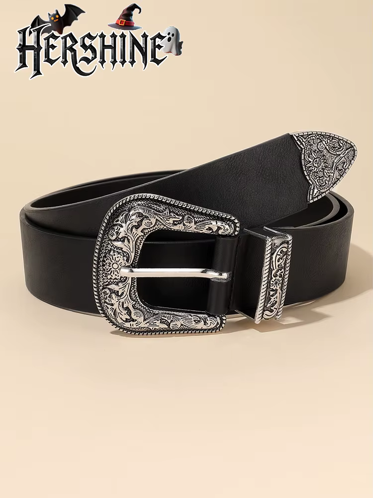 Ceinture en cuir noir à boucle florale argentée vintage pour femme, style bohème unisexe, parfaite p
