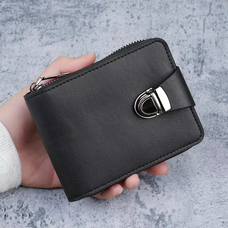Portefeuille rétro en cuir PU à double pliage, boucle métallique de sécurité anti-perte, emplacement