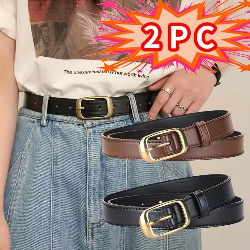 Lot de 2 ceintures réversibles en cuir PU pour femmes, adaptées aux robes, ceinture réglable à boucl