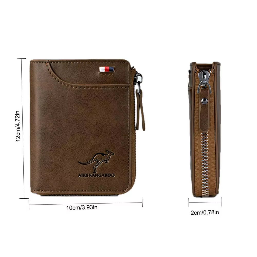 Portefeuille à fermeture éclair en cuir véritable pour hommes, Design rétro avec fenêtre d'identific