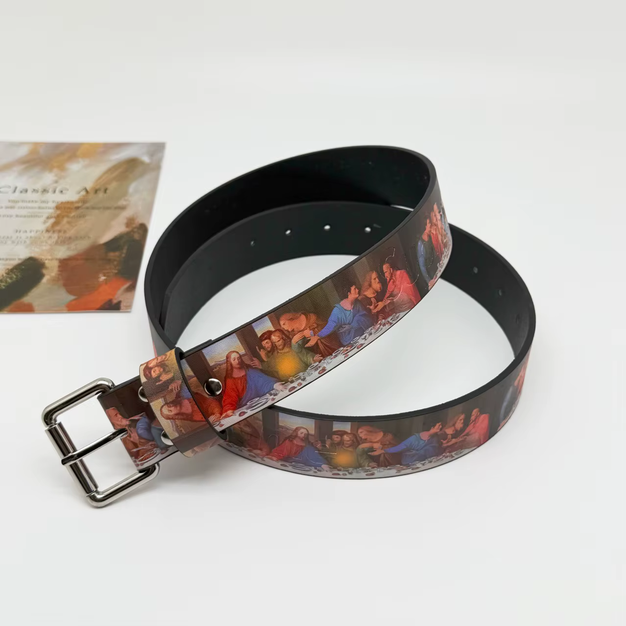 Ceinture large rétro style High Street, motif Dernière Cène, en cuir épaissi, avec boucle en alliage