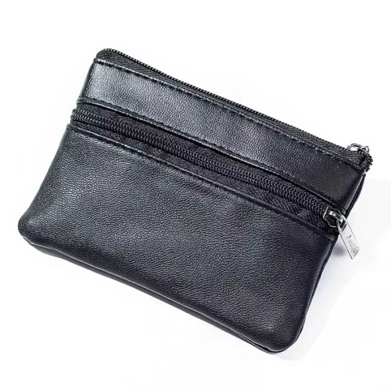 Porte-monnaie en cuir noir adapté aux hommes et aux femmes, mini portefeuilles à fermeture éclair, p