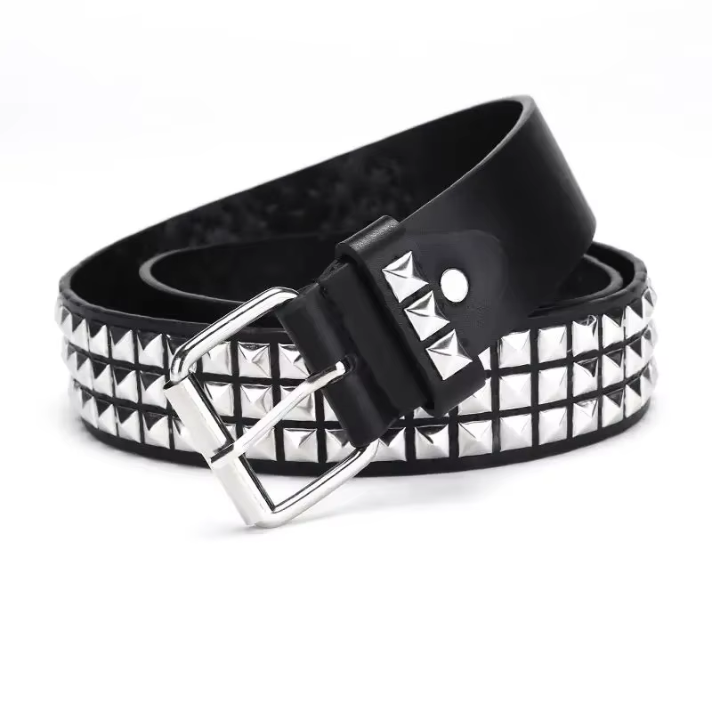 Ceinture à rivets en perles carrées, ceinture pyramide en métal, ceinture en denim à matériel punk p