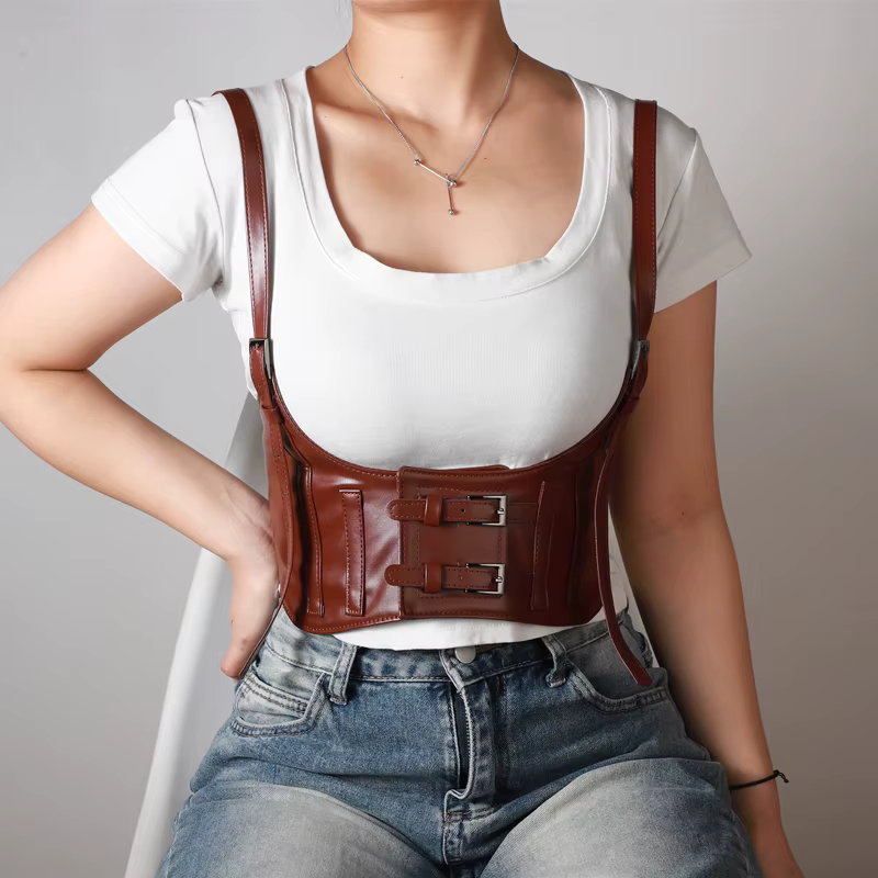 Une ceinture décorative pour femme avec une large ceinture noire et un nouveau design de gilet tenda