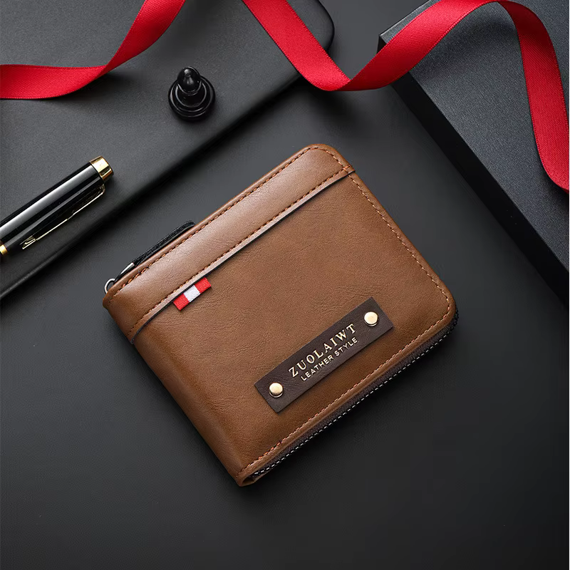 Portefeuille court rétro pour homme, portefeuille multifonctionnel à trois volets avec couleur contr