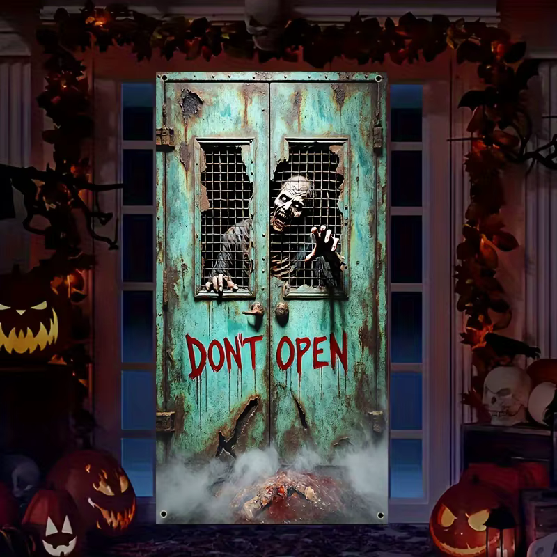 Bannière de porte 2D, 1 pièce, rideau de porte suspendu 2D/plat squelette d'horreur zombie "Ne pas o