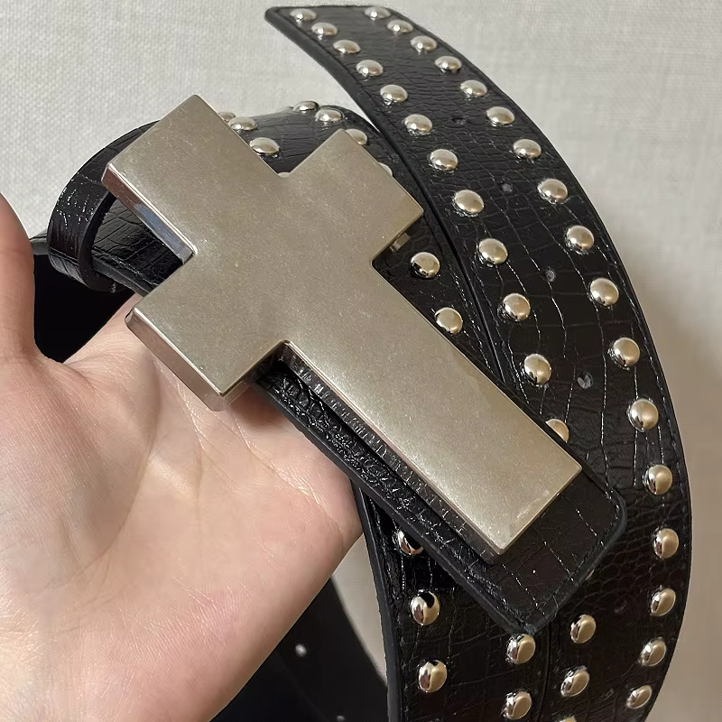 Ceinture Homme Style Harajuku Punk Cloutée à Croix, Motif Éclaté, Hip Hop Street Style, pour Fête Ro